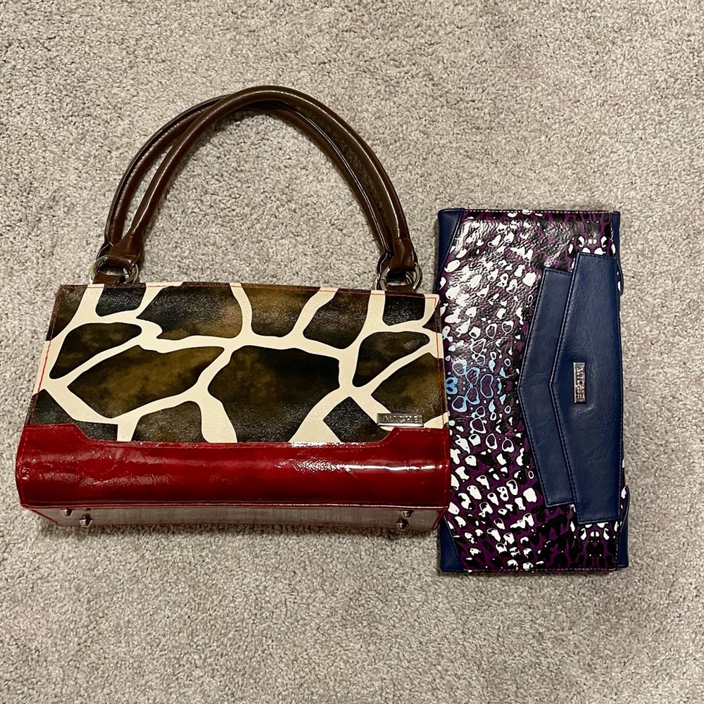 Miche interchangeable purse with extra shell. Giraffe print and purple print